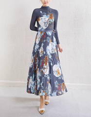 pleated midi dress with porcelain floral motif – LILITH