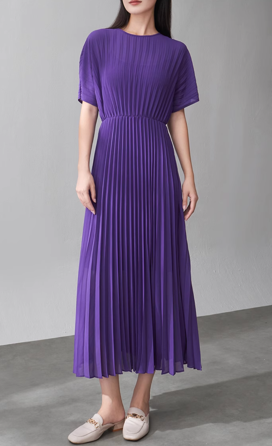 short-sleeve pleated midi dress – VIOLET