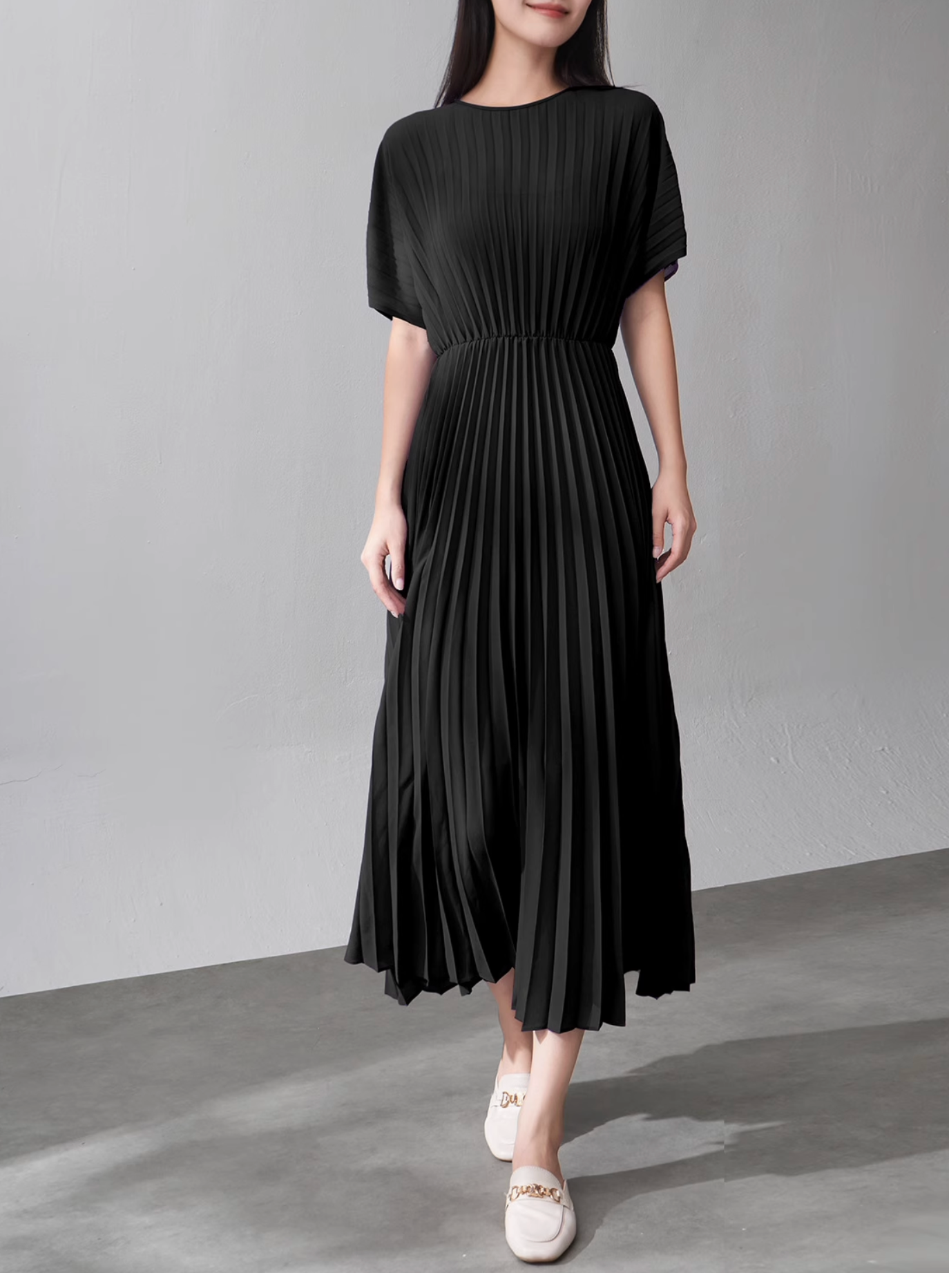 short-sleeve pleated midi dress – VIOLET