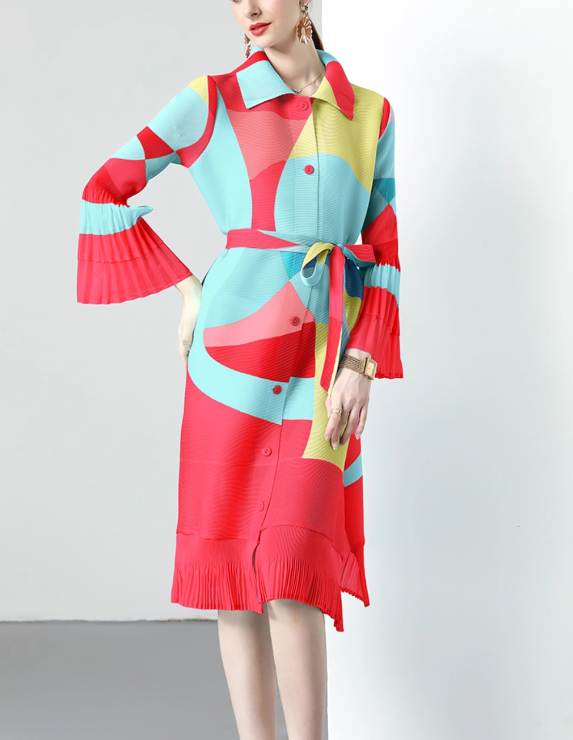 belted pleated shirt dress with abstract color blocks – MOSAIC