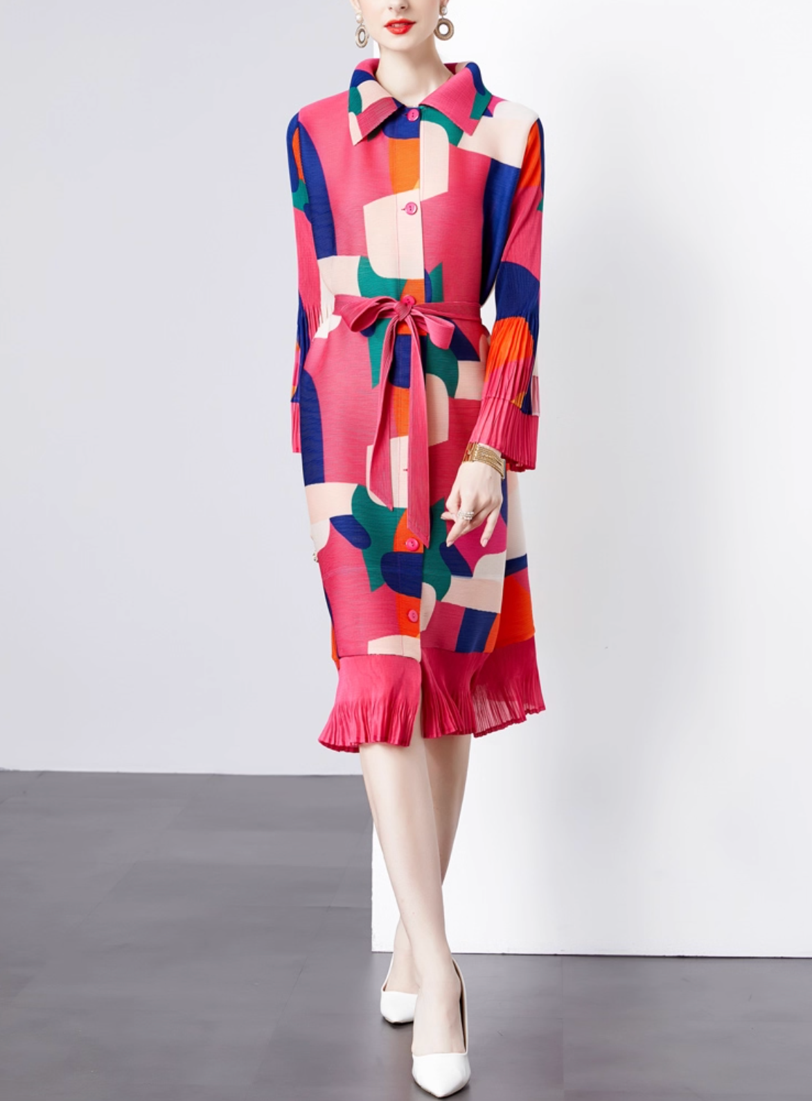 belted pleated shirt dress with abstract color blocks – MOSAIC