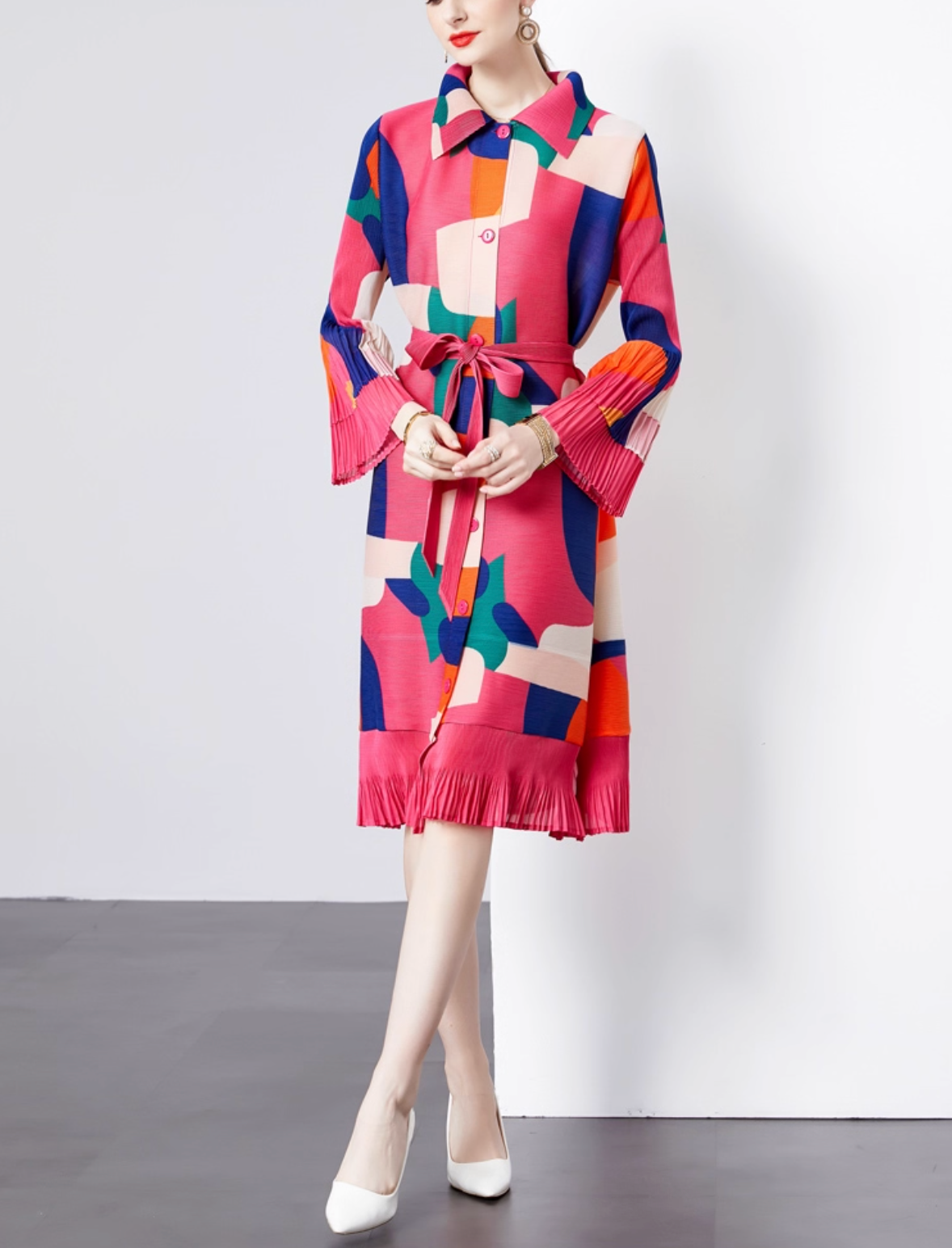 belted pleated shirt dress with abstract color blocks – MOSAIC