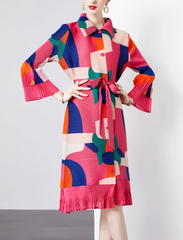 belted pleated shirt dress with abstract color blocks – MOSAIC