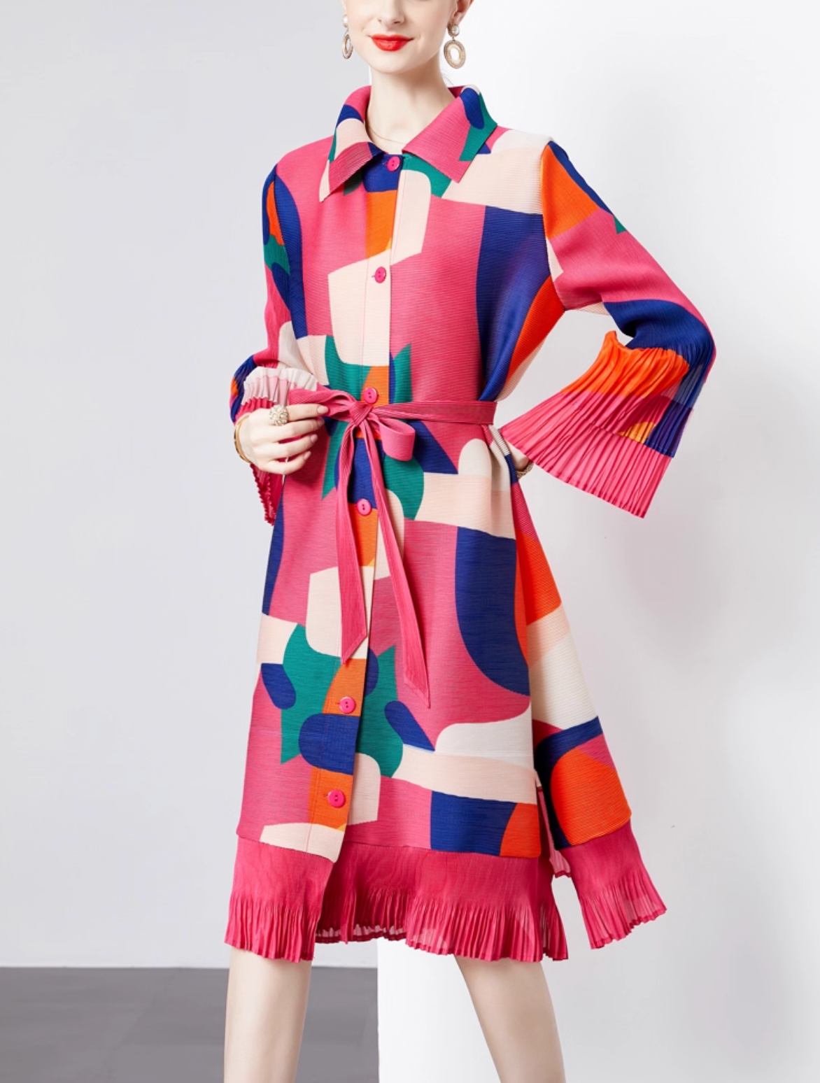belted pleated shirt dress with abstract color blocks – MOSAIC