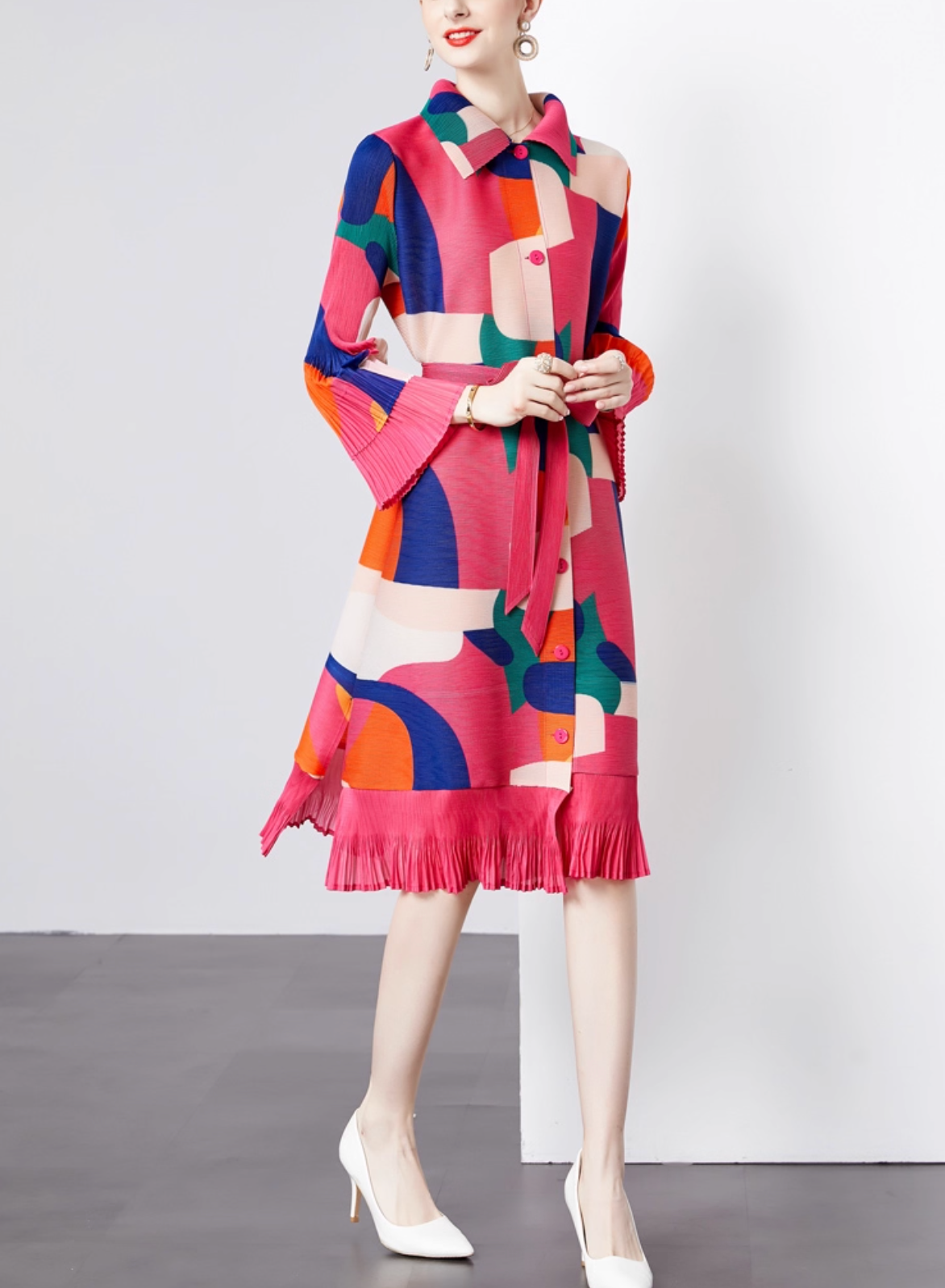 belted pleated shirt dress with abstract color blocks – MOSAIC