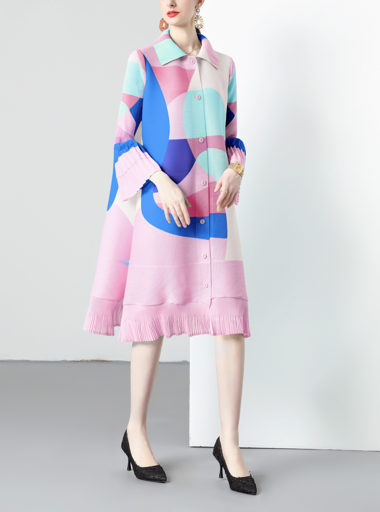 belted pleated shirt dress with abstract color blocks – MOSAIC