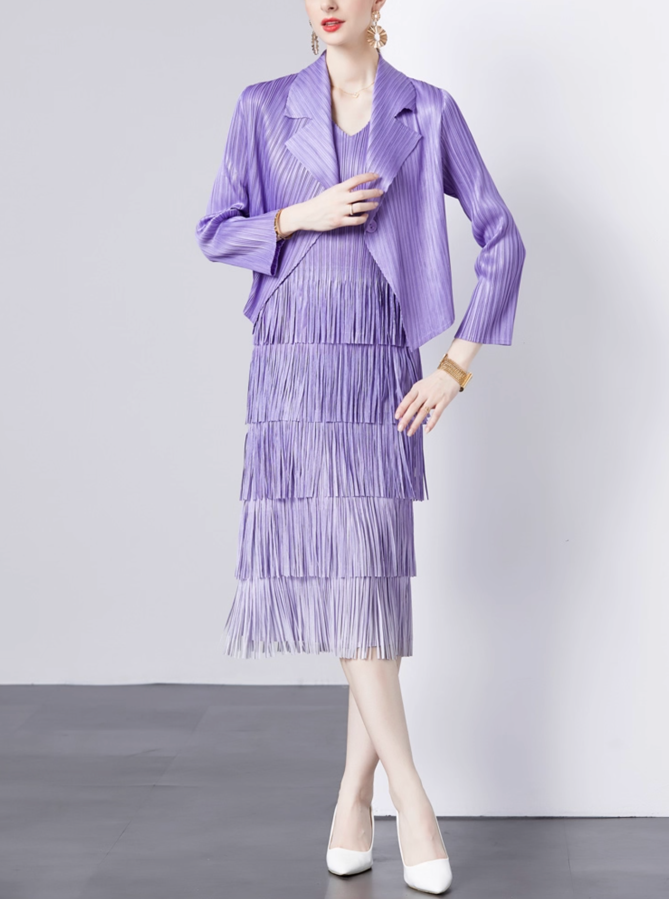 pleated blazer with tiered fringe midi skirt – LAVINA
