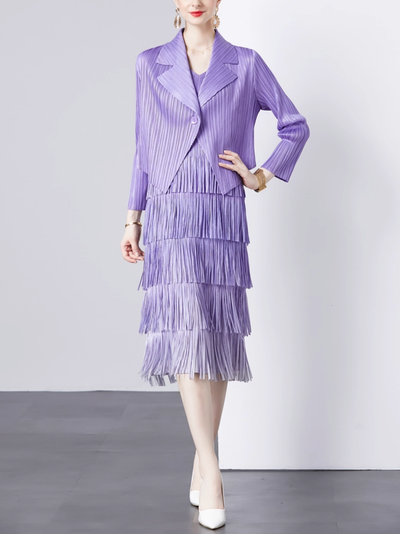 pleated blazer with tiered fringe midi skirt – LAVINA
