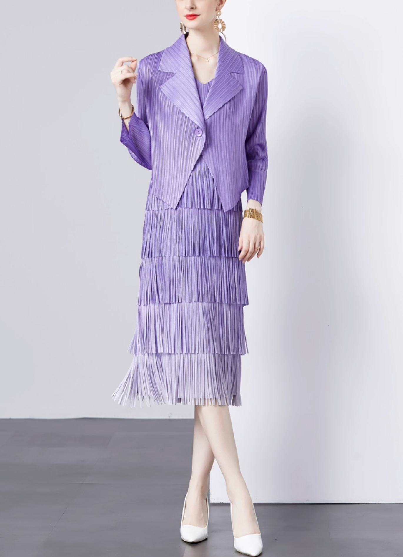 pleated blazer with tiered fringe midi skirt – LAVINA
