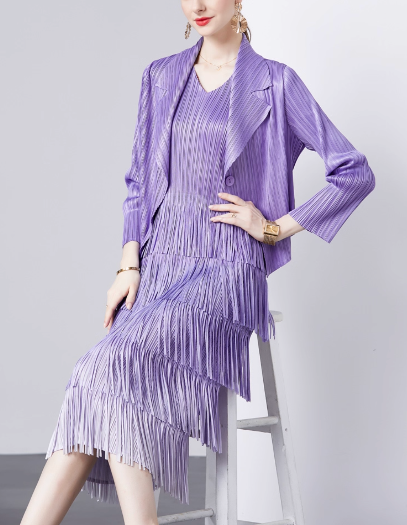 pleated blazer with tiered fringe midi skirt – LAVINA