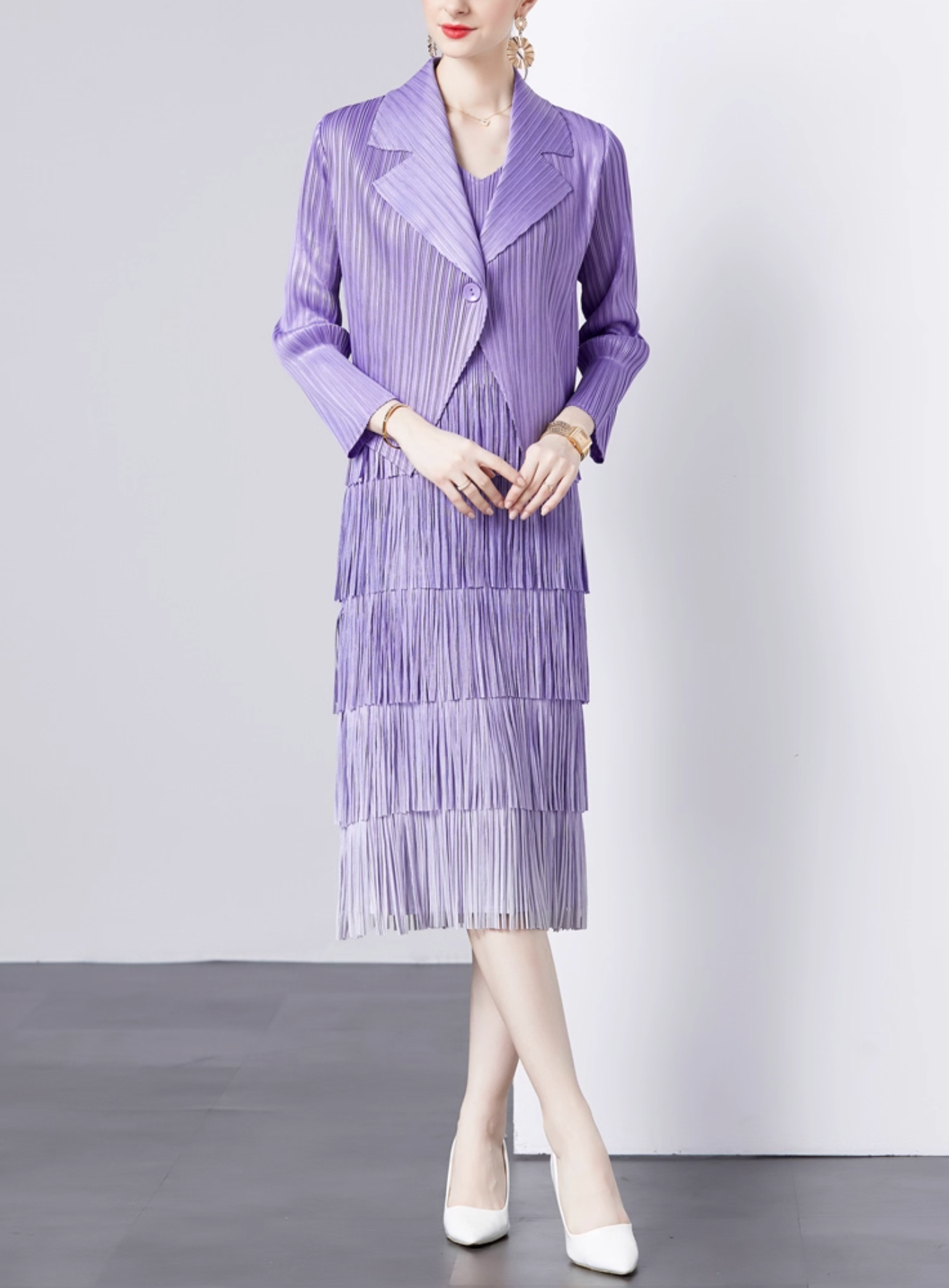 pleated blazer with tiered fringe midi skirt – LAVINA