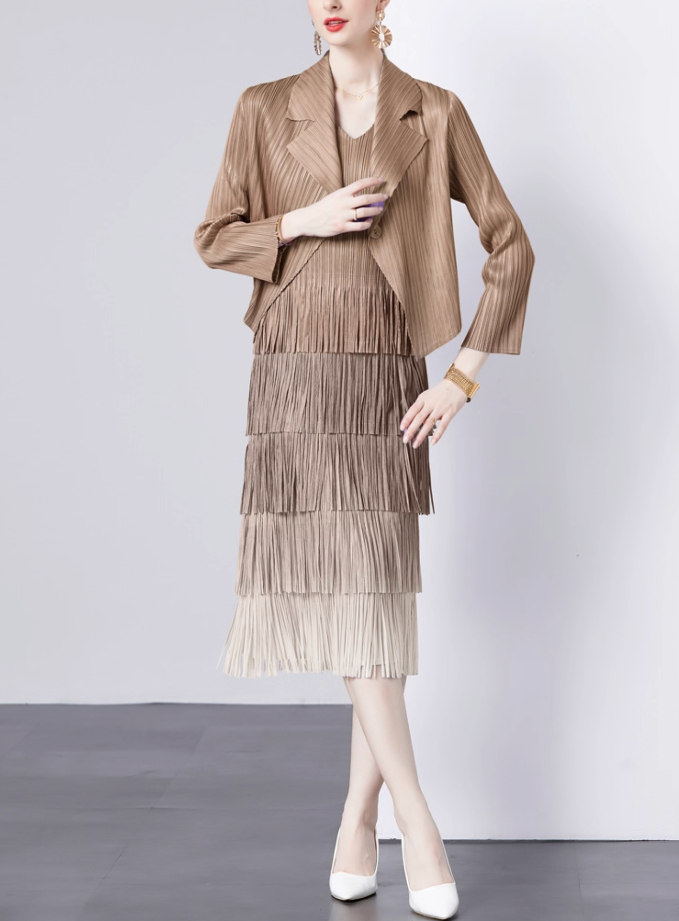 pleated blazer with tiered fringe midi skirt – LAVINA