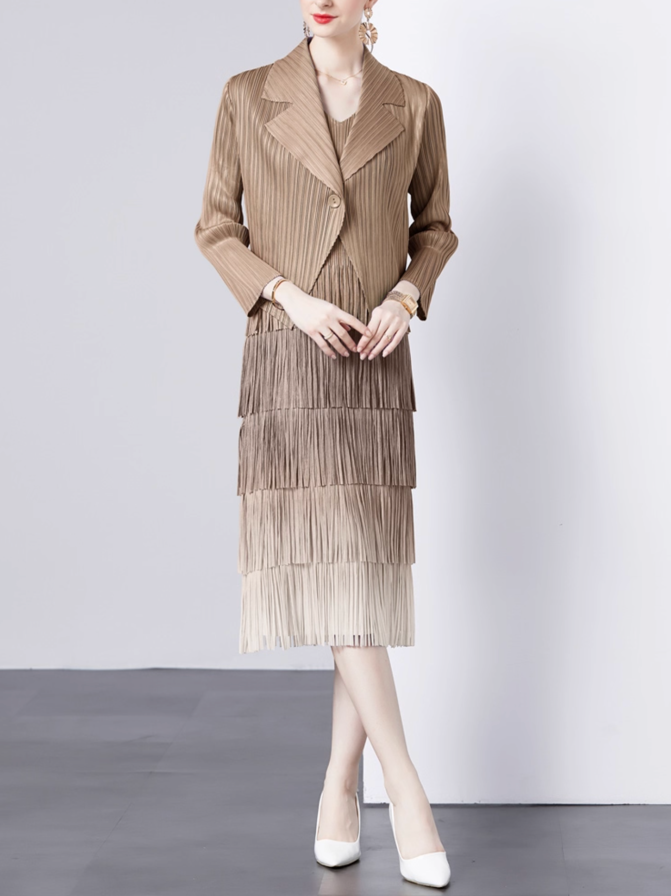 pleated blazer with tiered fringe midi skirt – LAVINA