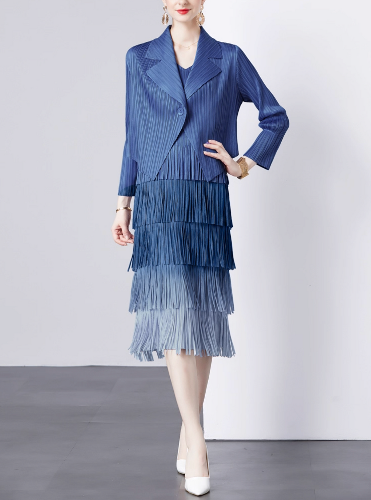pleated blazer with tiered fringe midi skirt – LAVINA