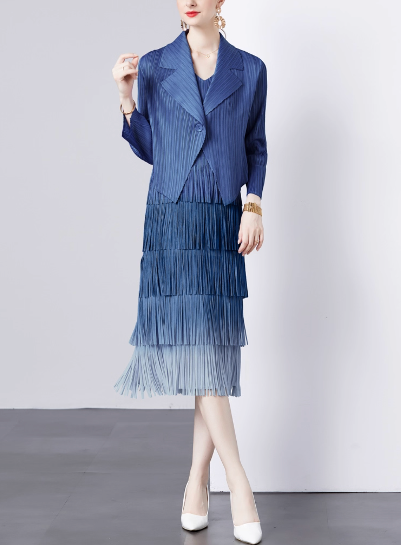 pleated blazer with tiered fringe midi skirt – LAVINA