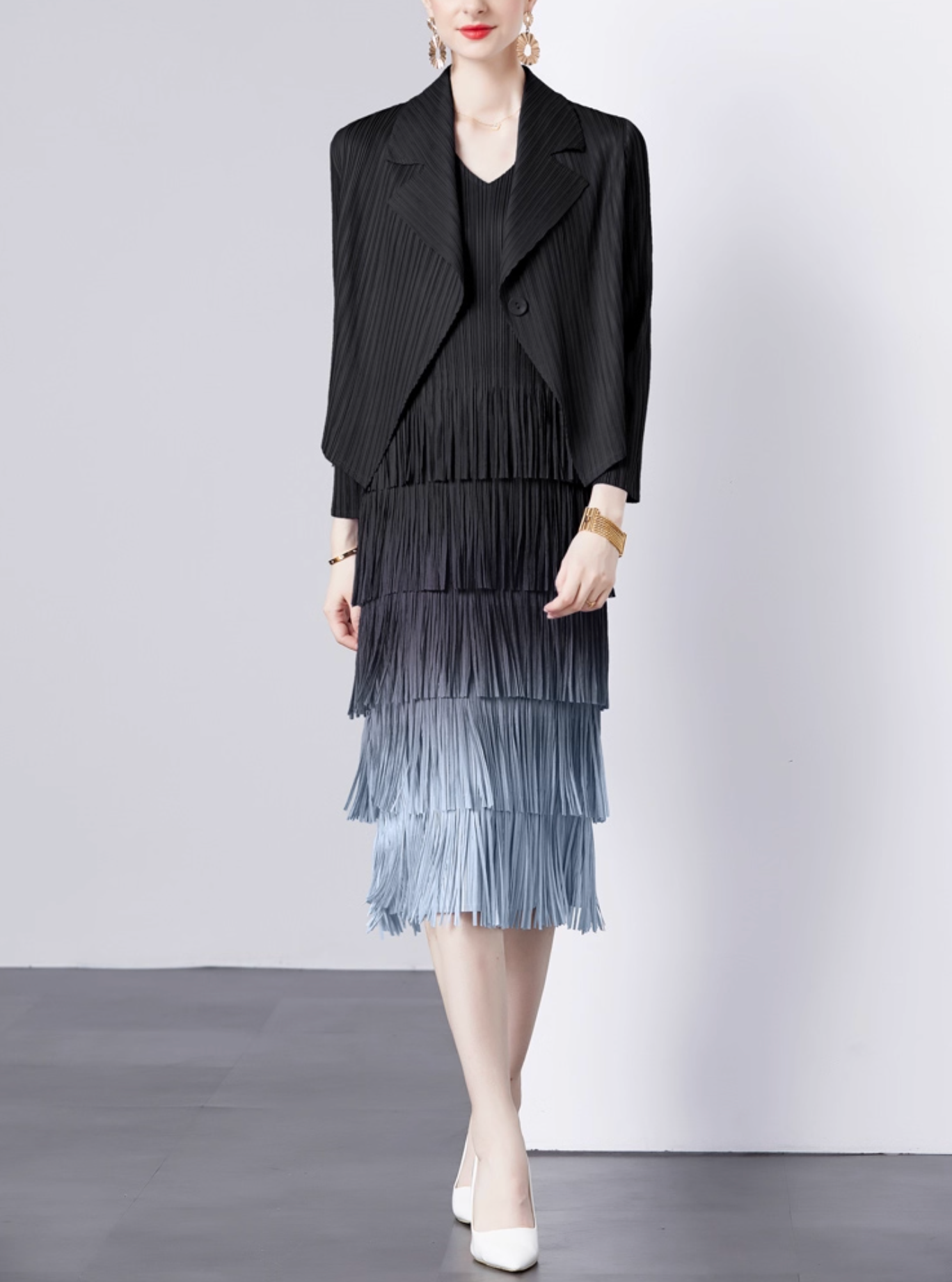 pleated blazer with tiered fringe midi skirt – LAVINA