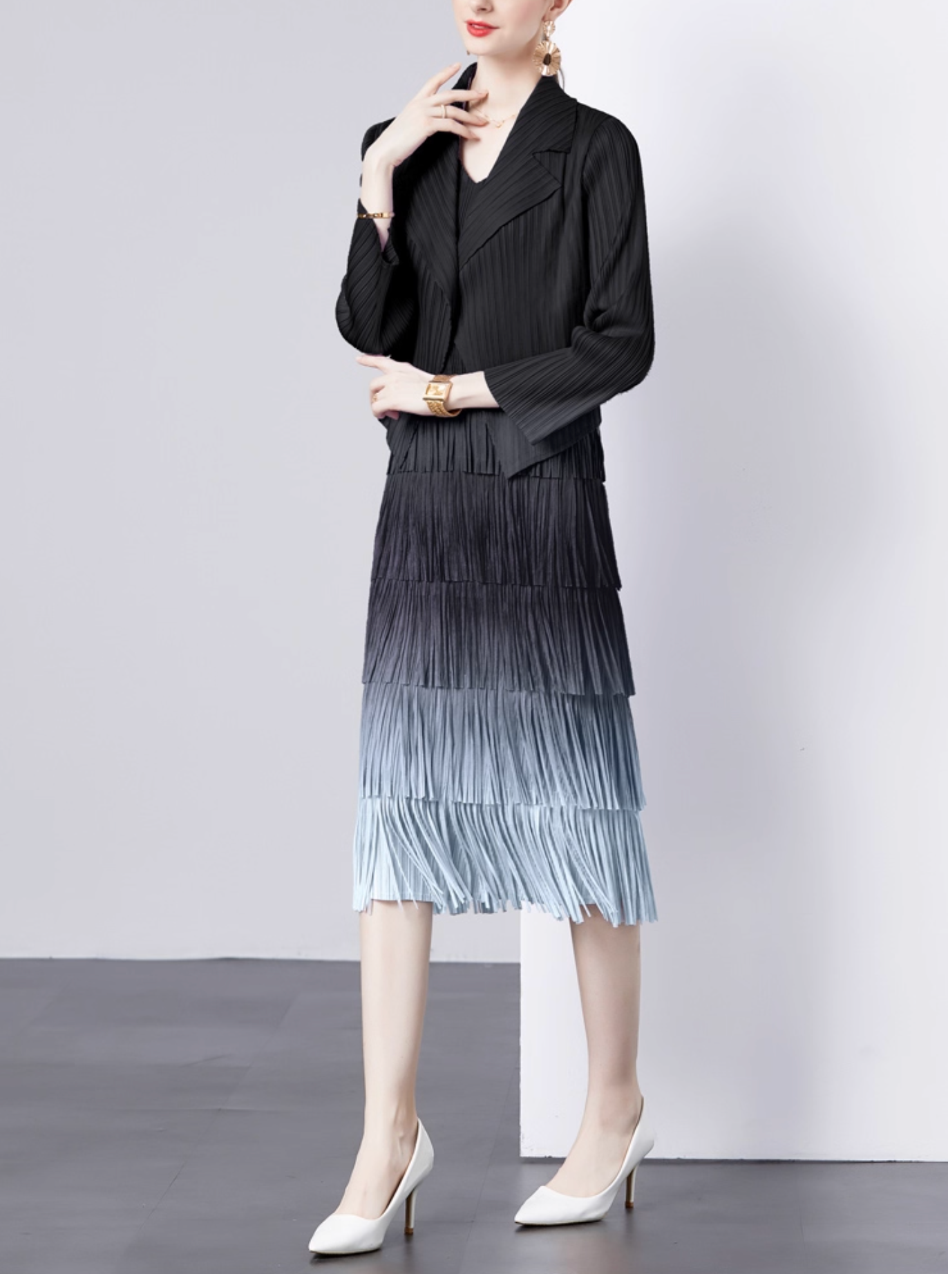 pleated blazer with tiered fringe midi skirt – LAVINA