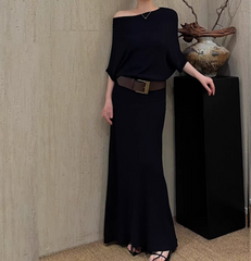 off-shoulder jersey maxi dress with wide belt – SERENE
