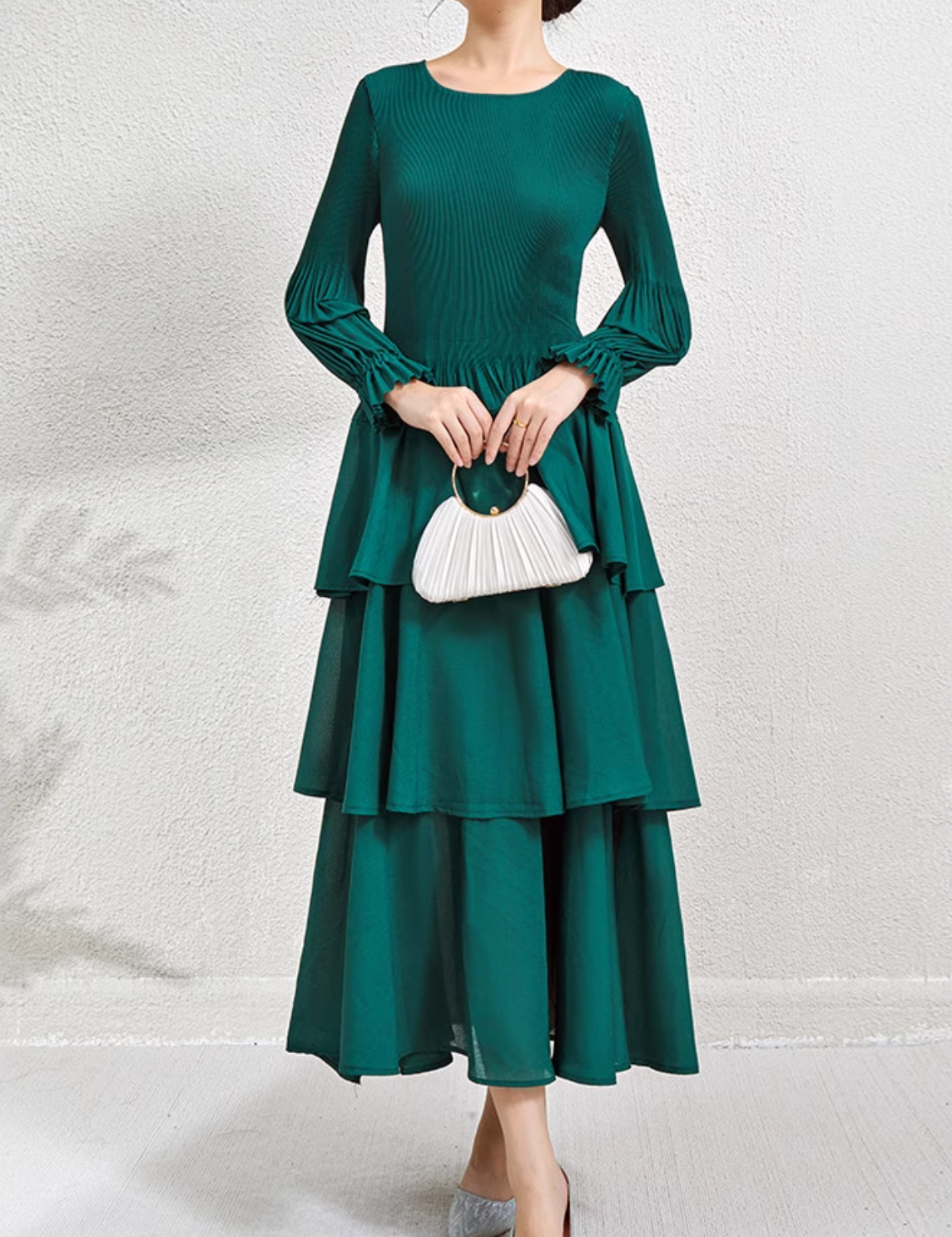 tiered maxi dress with pleated bishop sleeves – SIENNA