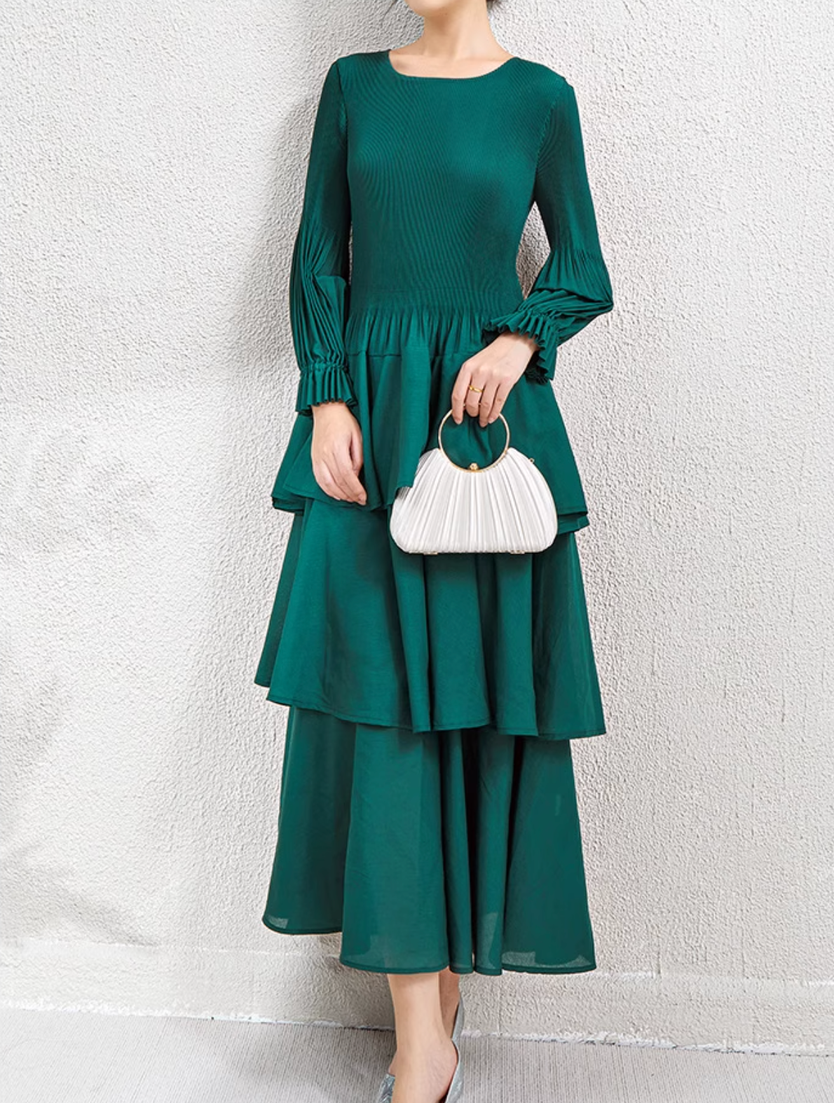tiered maxi dress with pleated bishop sleeves – SIENNA