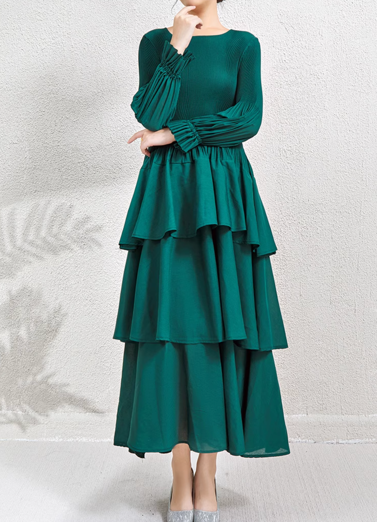 tiered maxi dress with pleated bishop sleeves – SIENNA