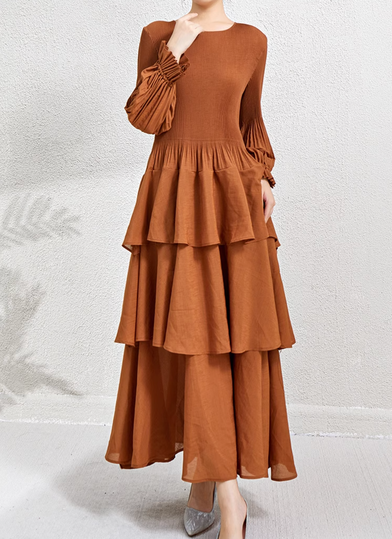 tiered maxi dress with pleated bishop sleeves – SIENNA
