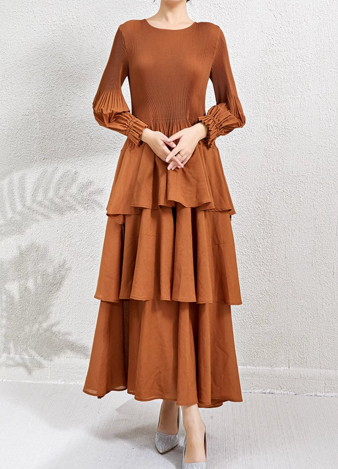 tiered maxi dress with pleated bishop sleeves – SIENNA