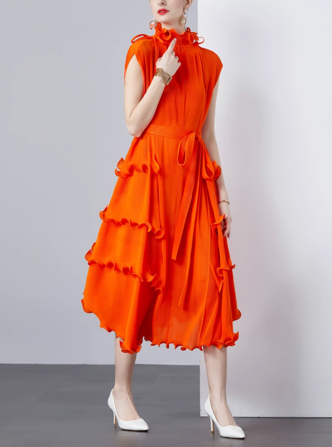 sleeveless midi dress with ruffle trims – CORALINE