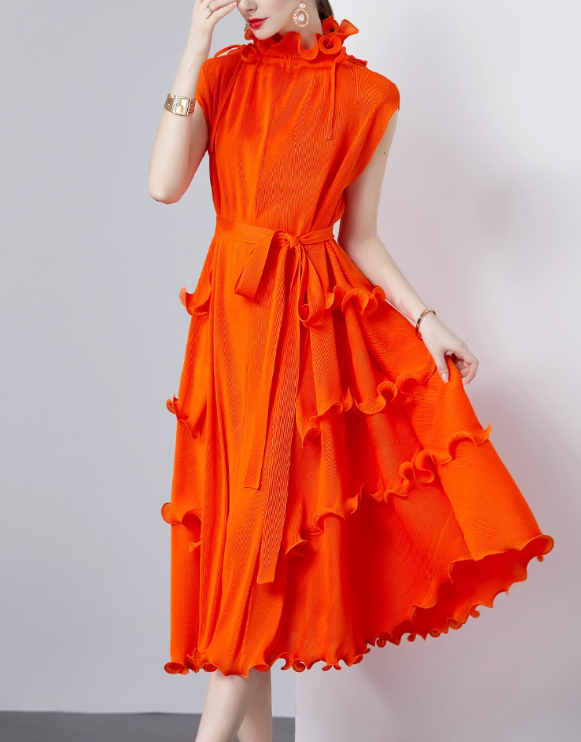 sleeveless midi dress with ruffle trims – CORALINE