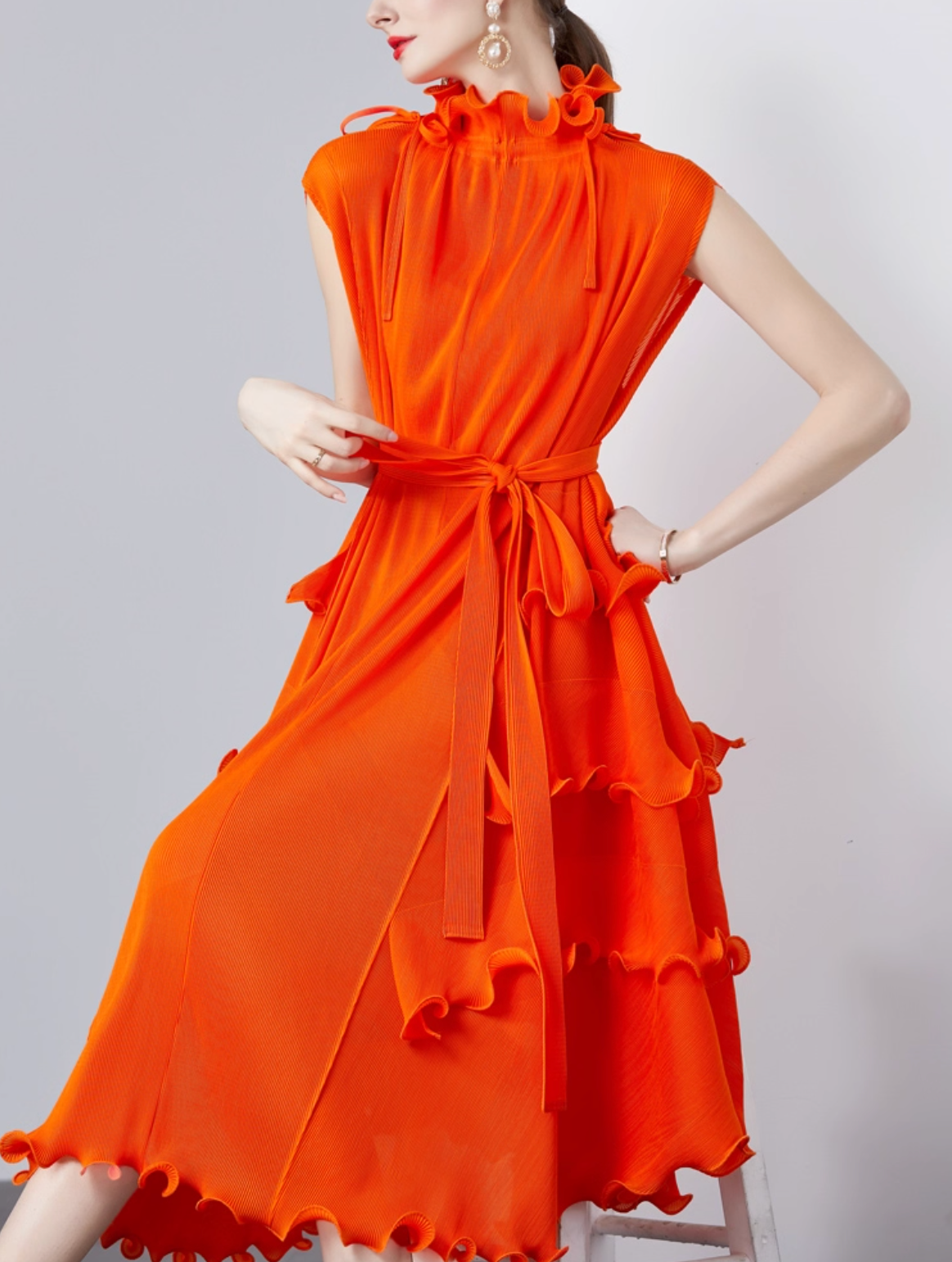 sleeveless midi dress with ruffle trims – CORALINE