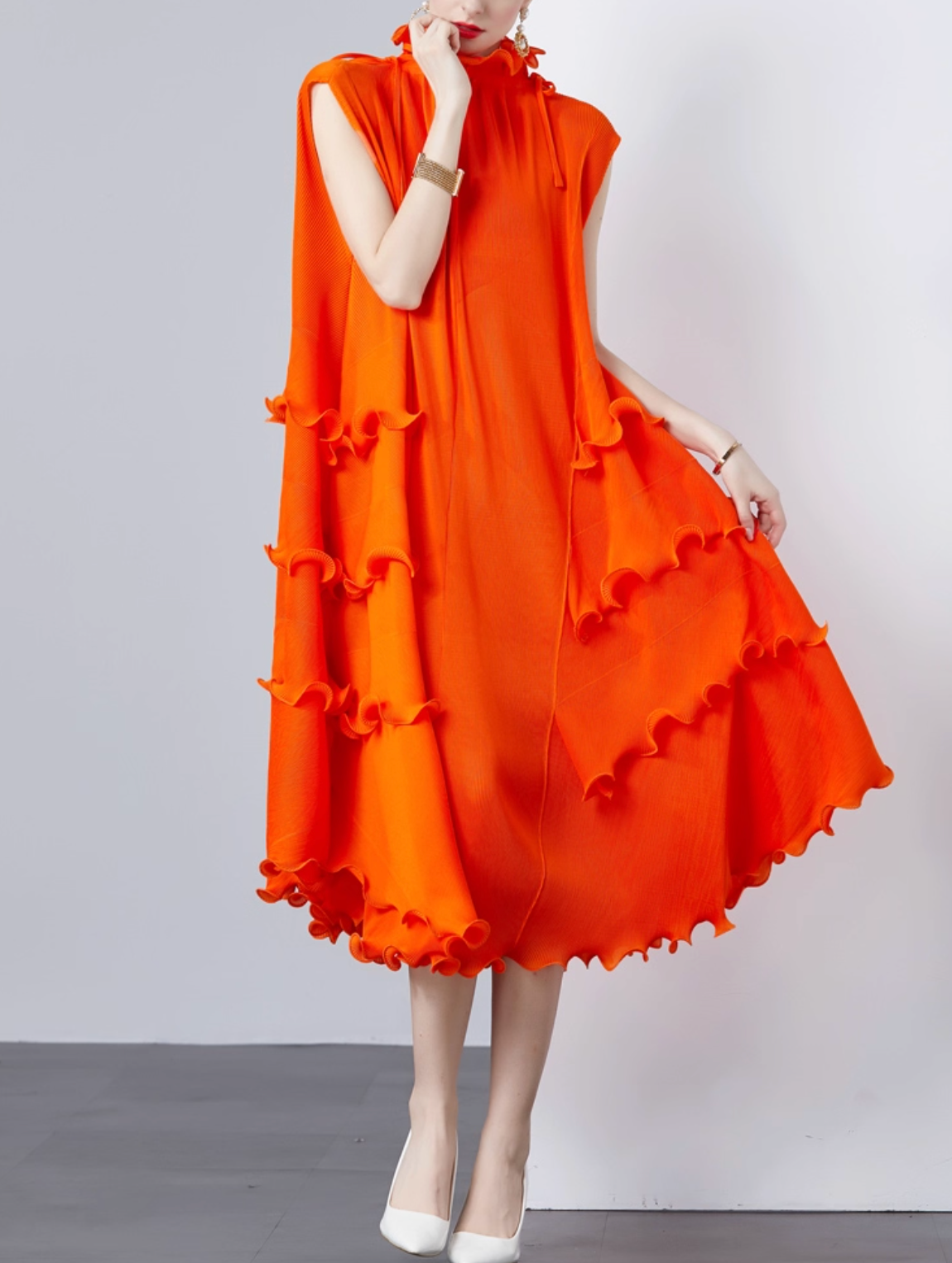 sleeveless midi dress with ruffle trims – CORALINE