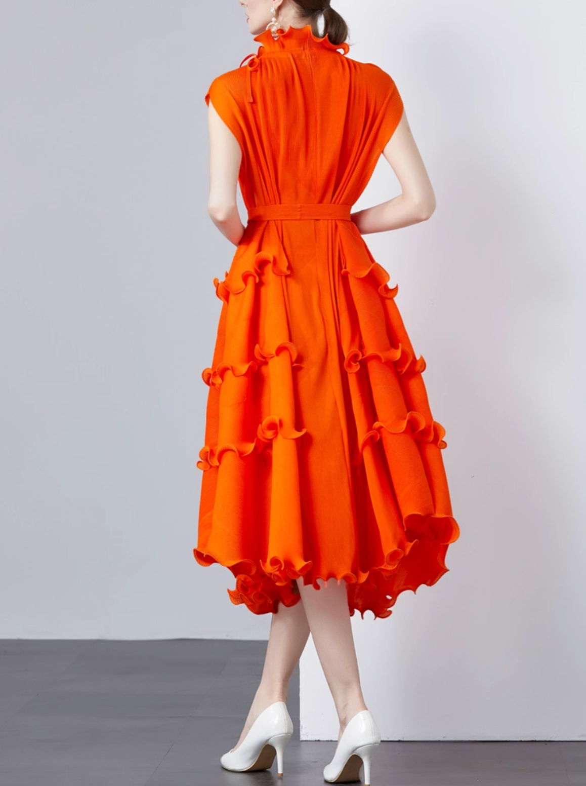 sleeveless midi dress with ruffle trims – CORALINE