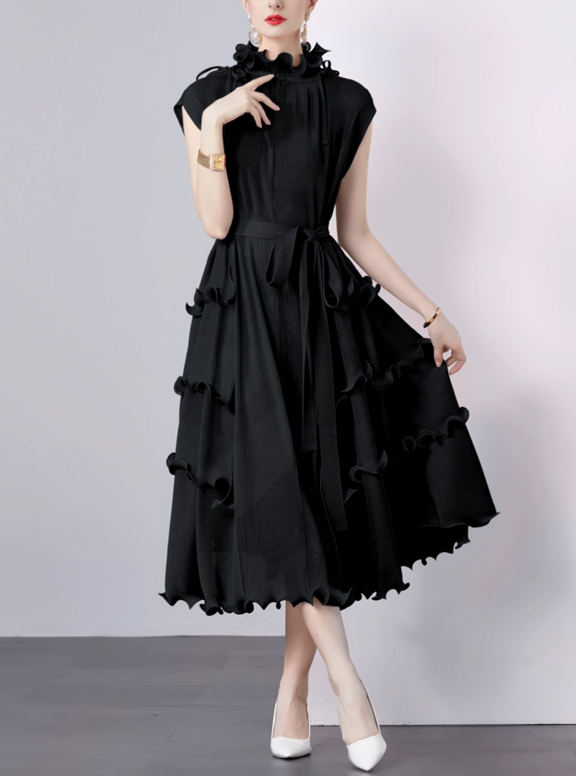 sleeveless midi dress with ruffle trims – CORALINE