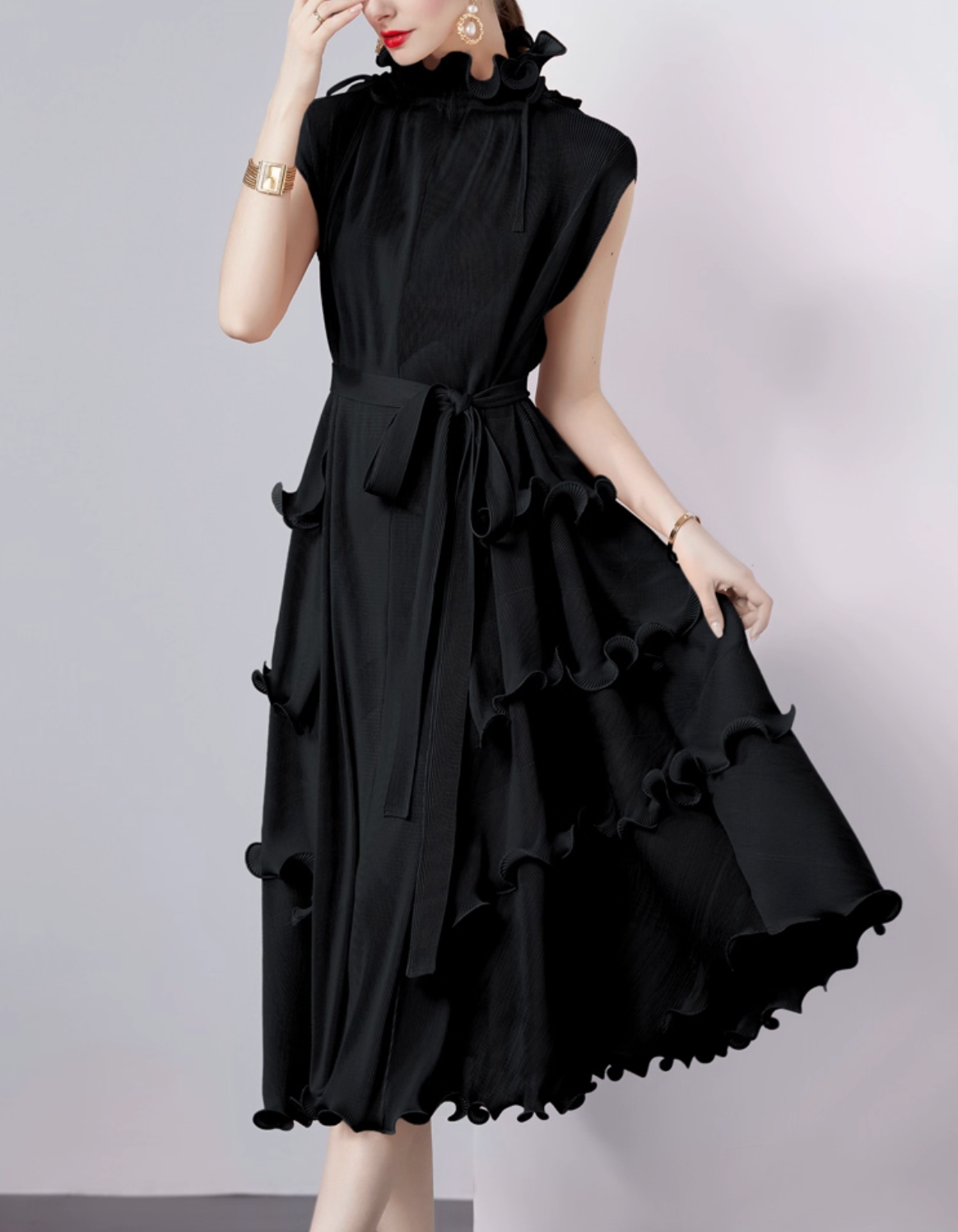 sleeveless midi dress with ruffle trims – CORALINE