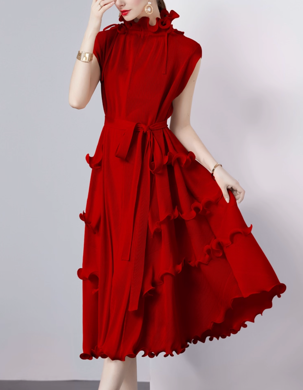 sleeveless midi dress with ruffle trims – CORALINE