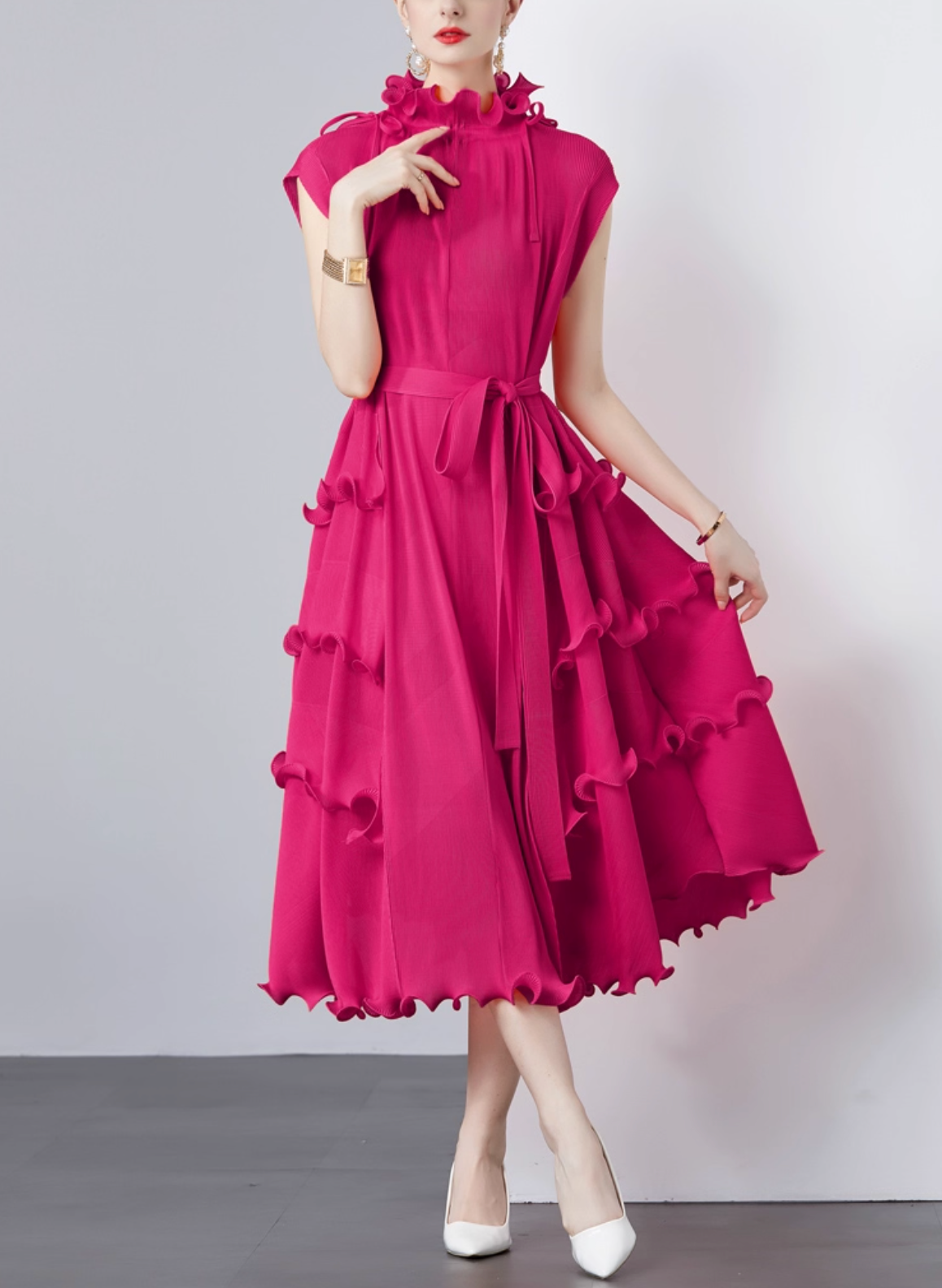 sleeveless midi dress with ruffle trims – CORALINE