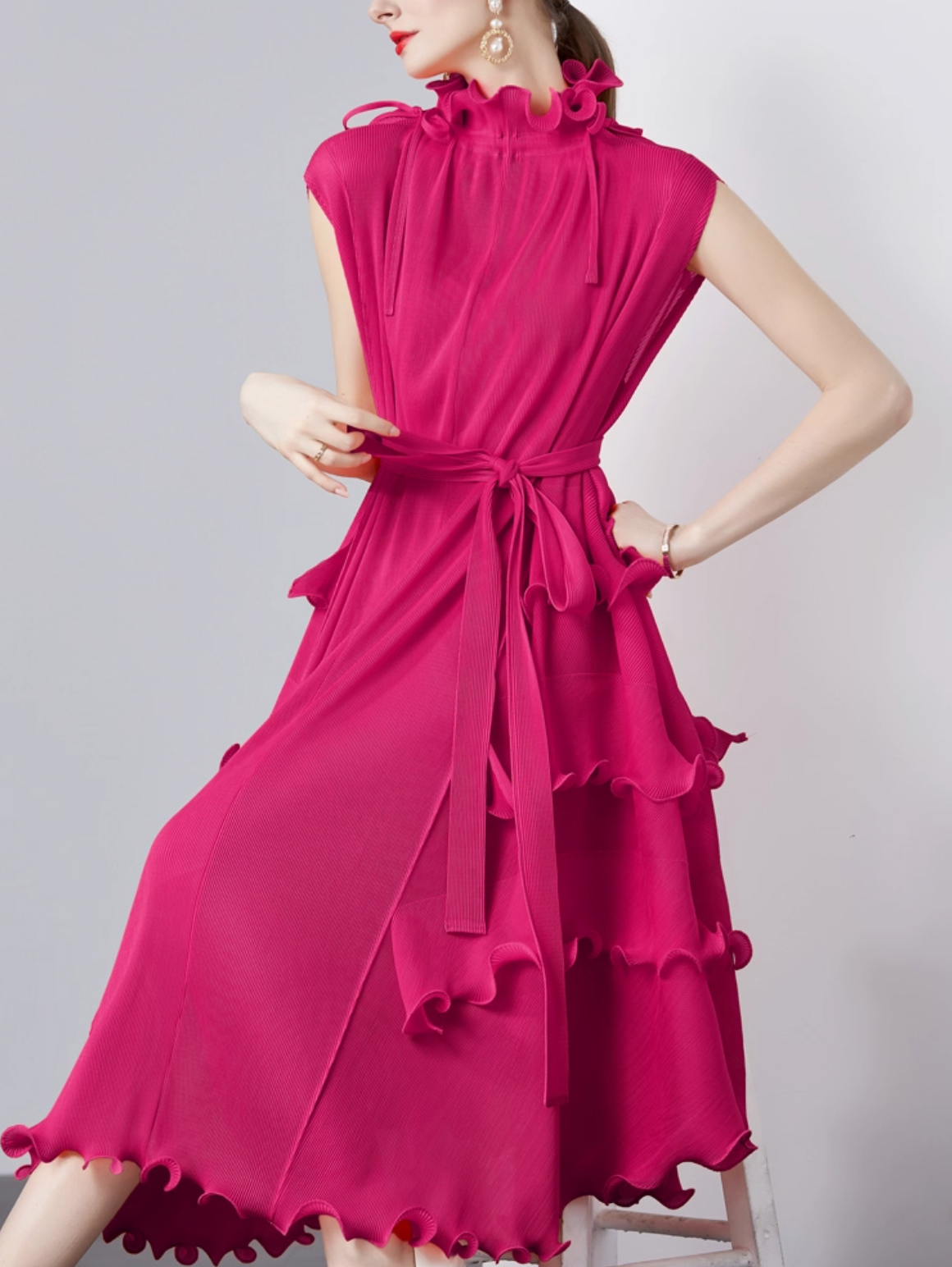 sleeveless midi dress with ruffle trims – CORALINE
