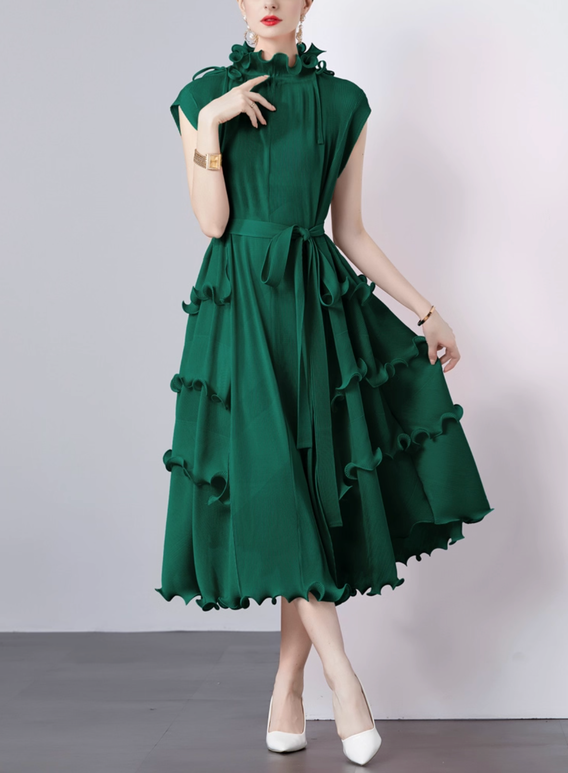 sleeveless midi dress with ruffle trims – CORALINE
