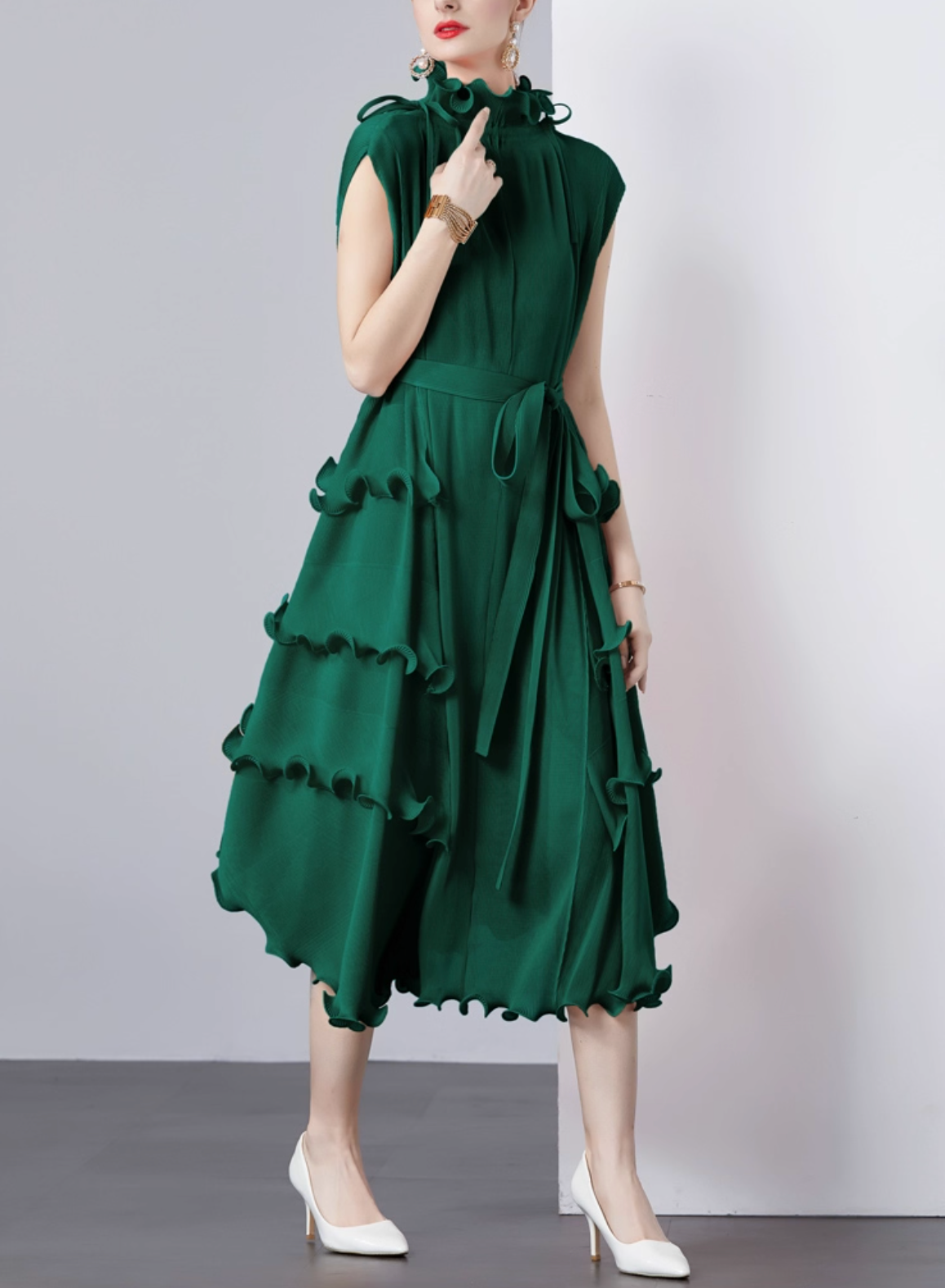 sleeveless midi dress with ruffle trims – CORALINE