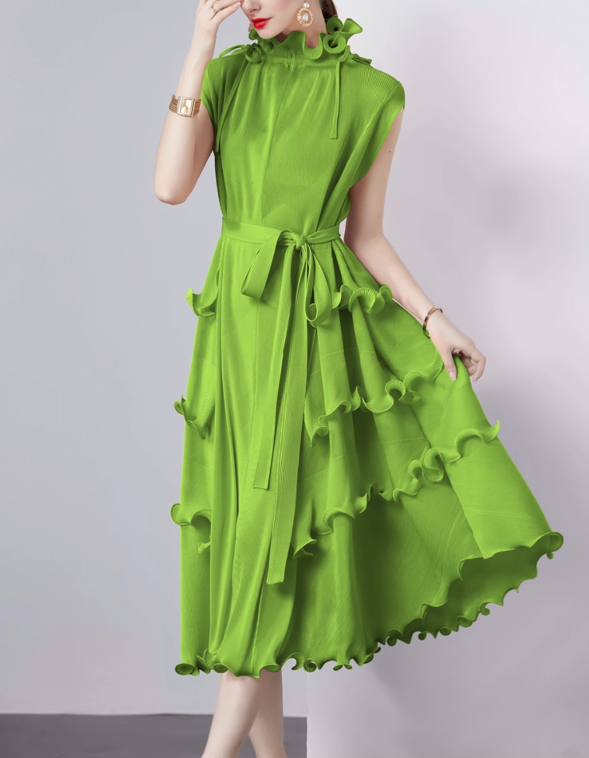 sleeveless midi dress with ruffle trims – CORALINE