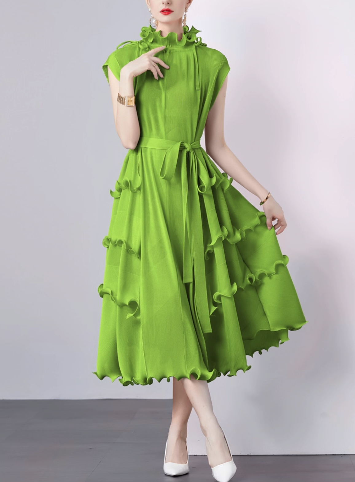sleeveless midi dress with ruffle trims – CORALINE