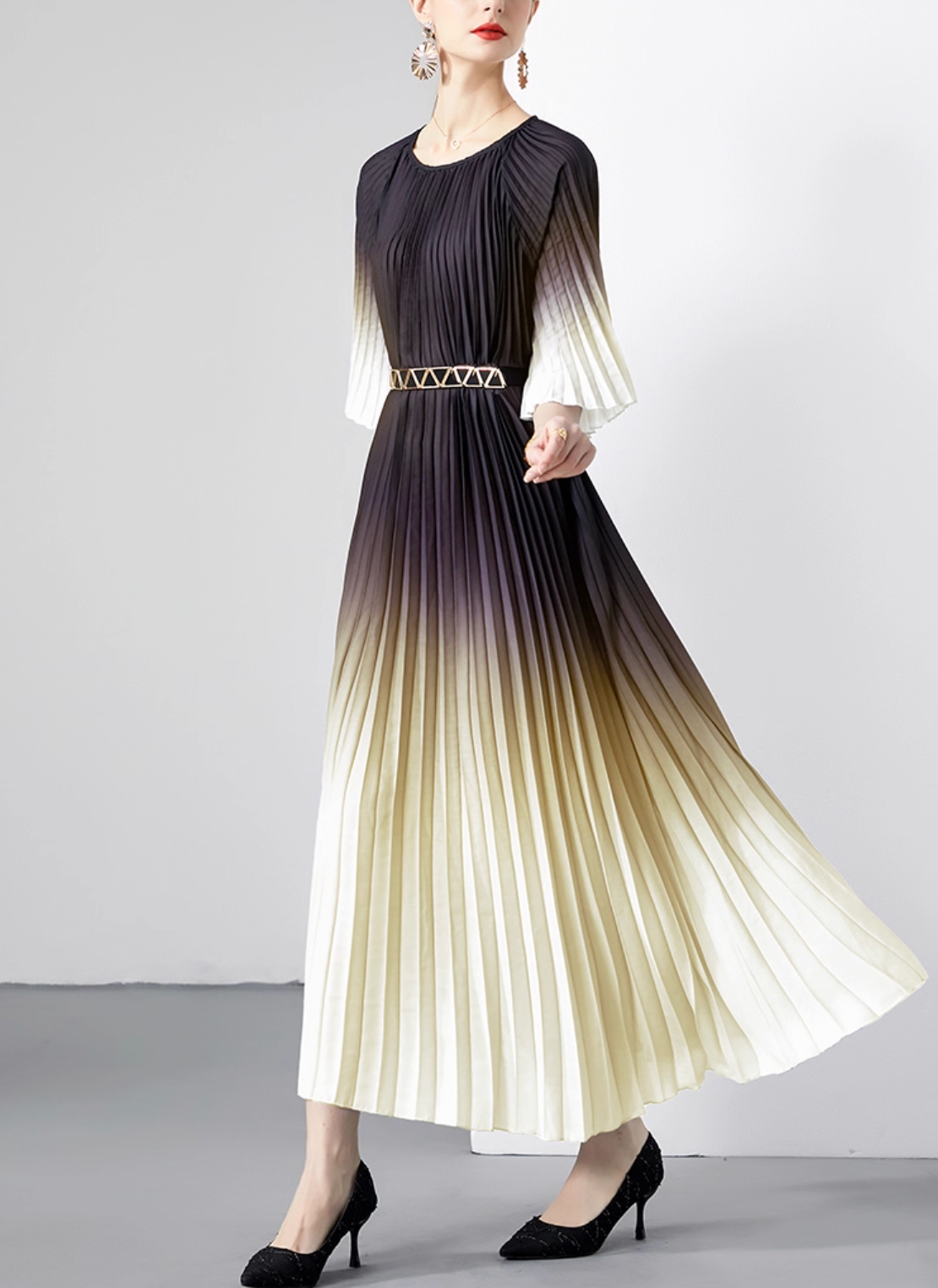 pleated ombre midi dress with geometric belt – SIENNA