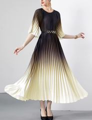pleated ombre midi dress with geometric belt – SIENNA