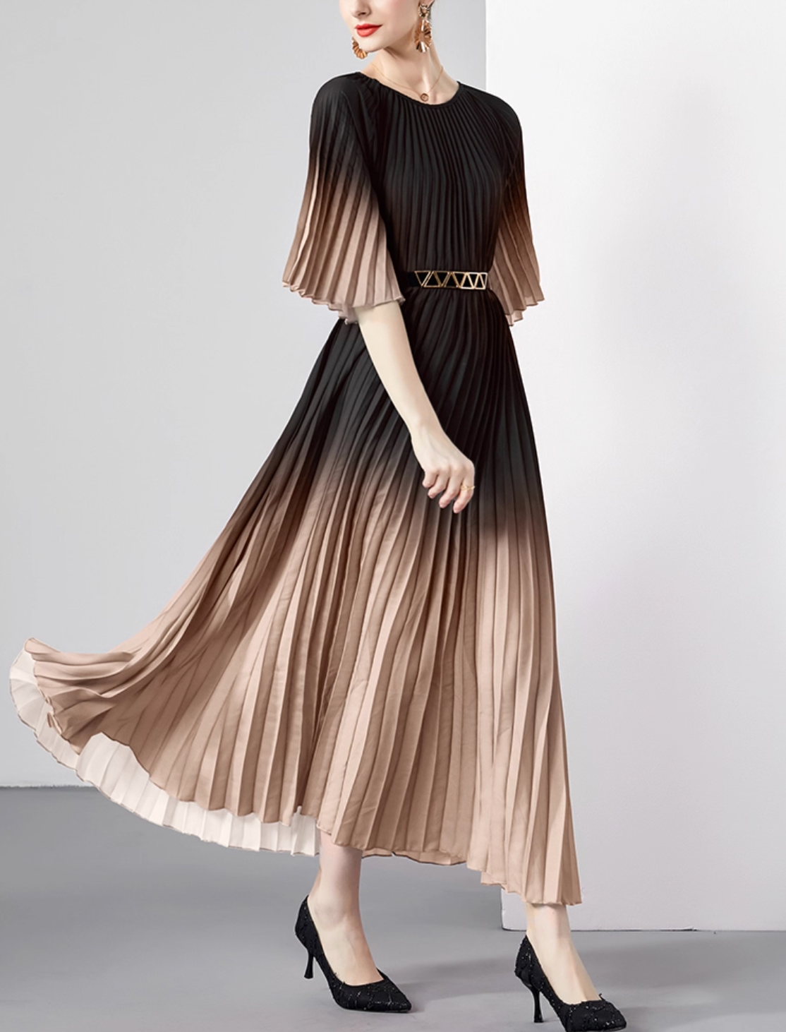 pleated ombre midi dress with geometric belt – SIENNA