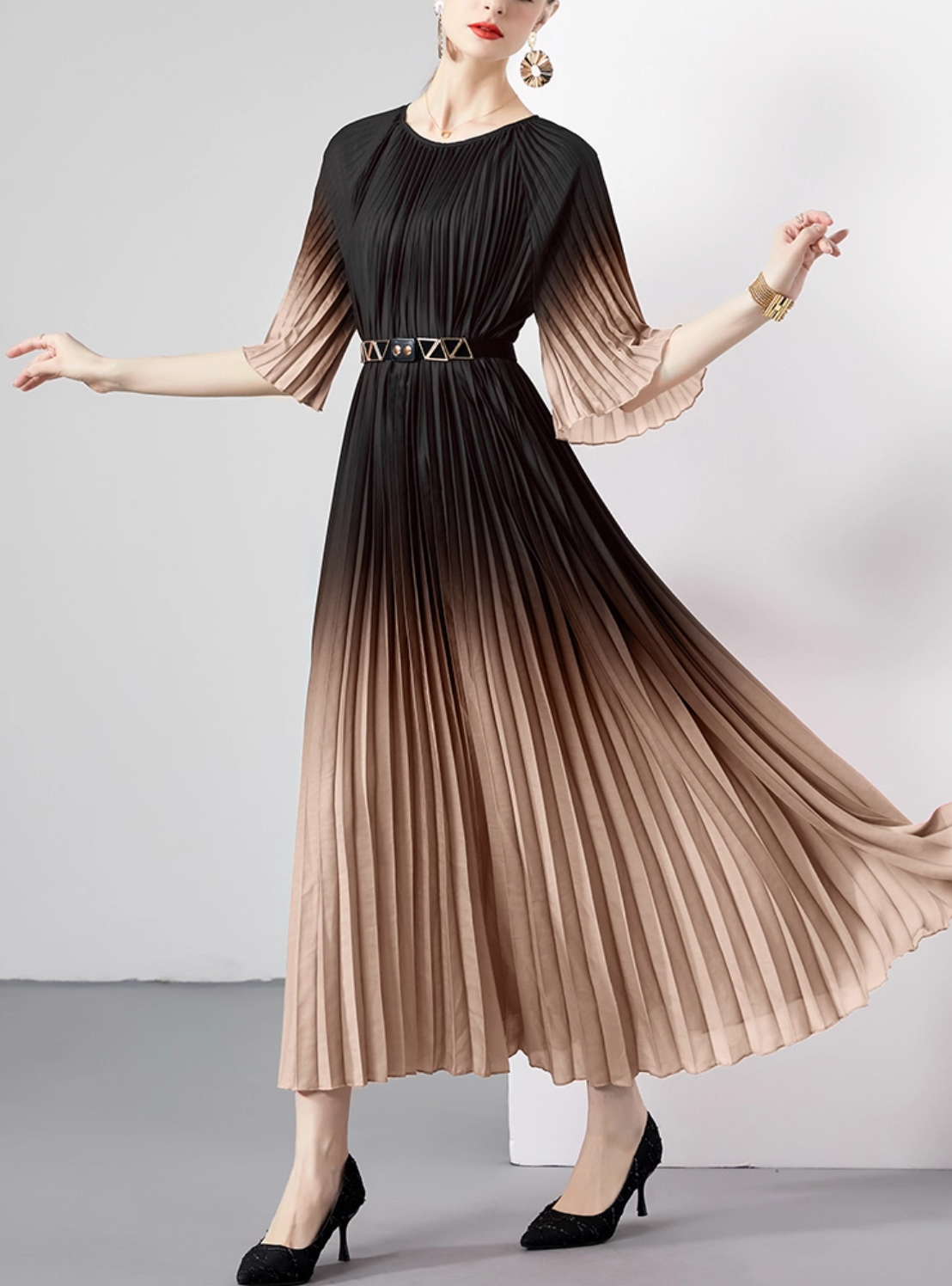 pleated ombre midi dress with geometric belt – SIENNA