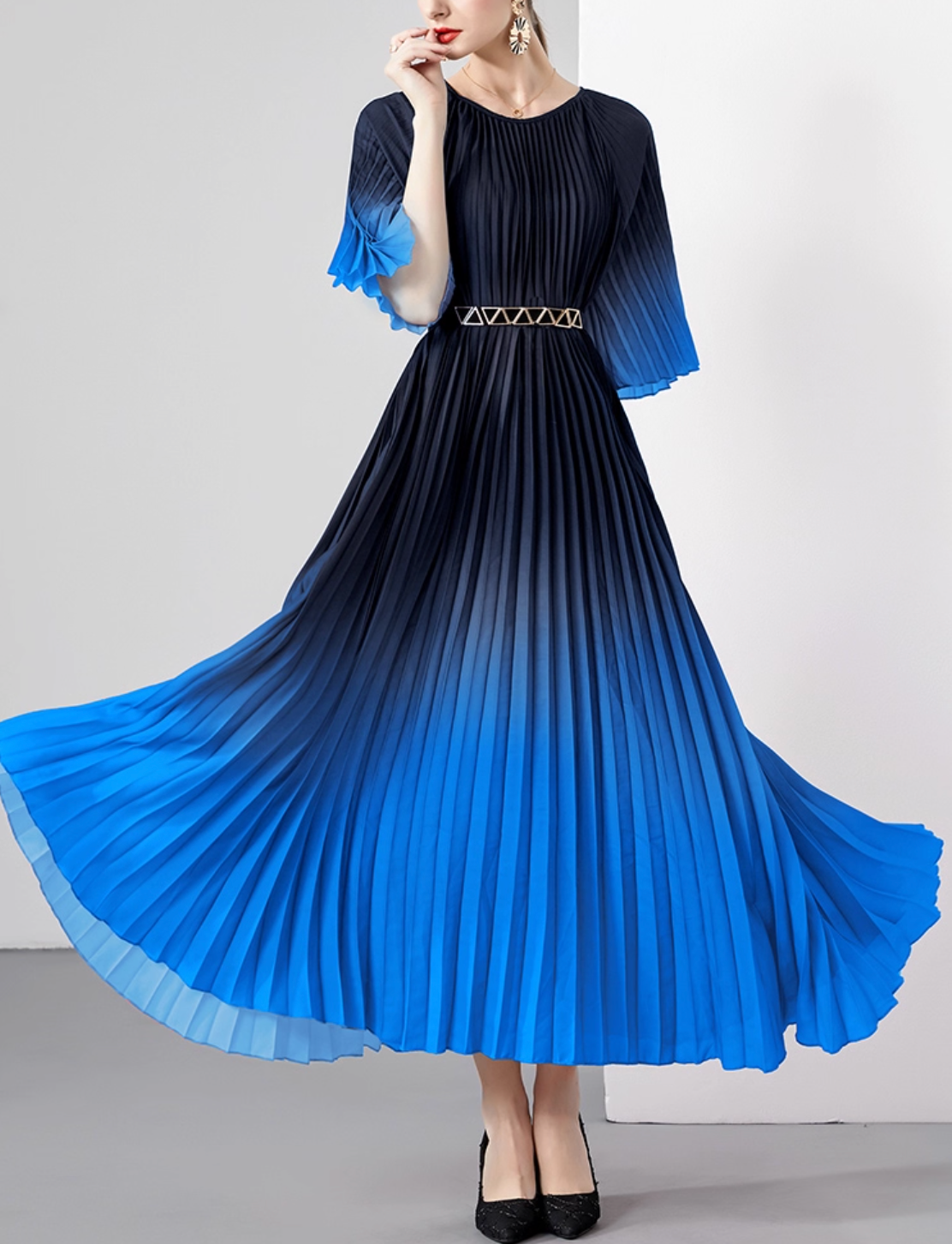 pleated ombre midi dress with geometric belt – SIENNA