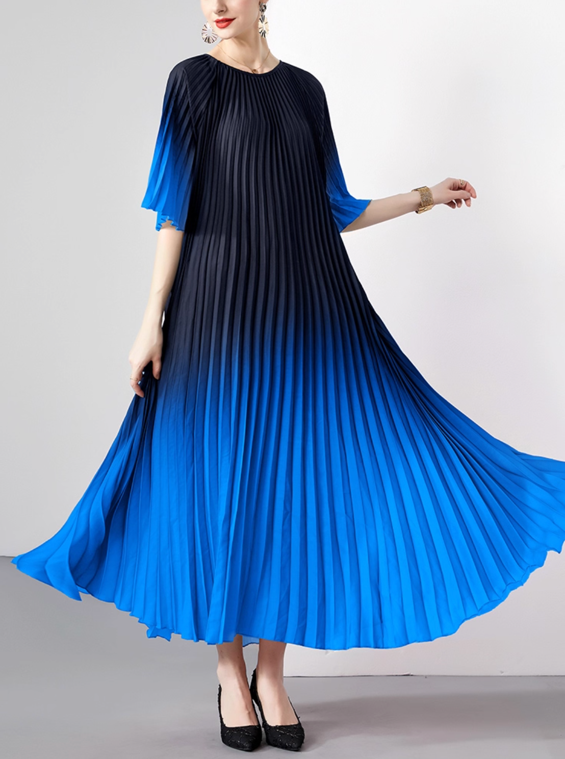 pleated ombre midi dress with geometric belt – SIENNA