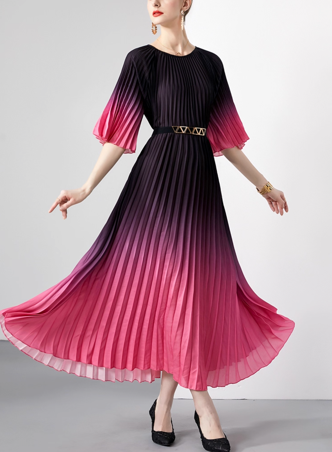 pleated ombre midi dress with geometric belt – SIENNA