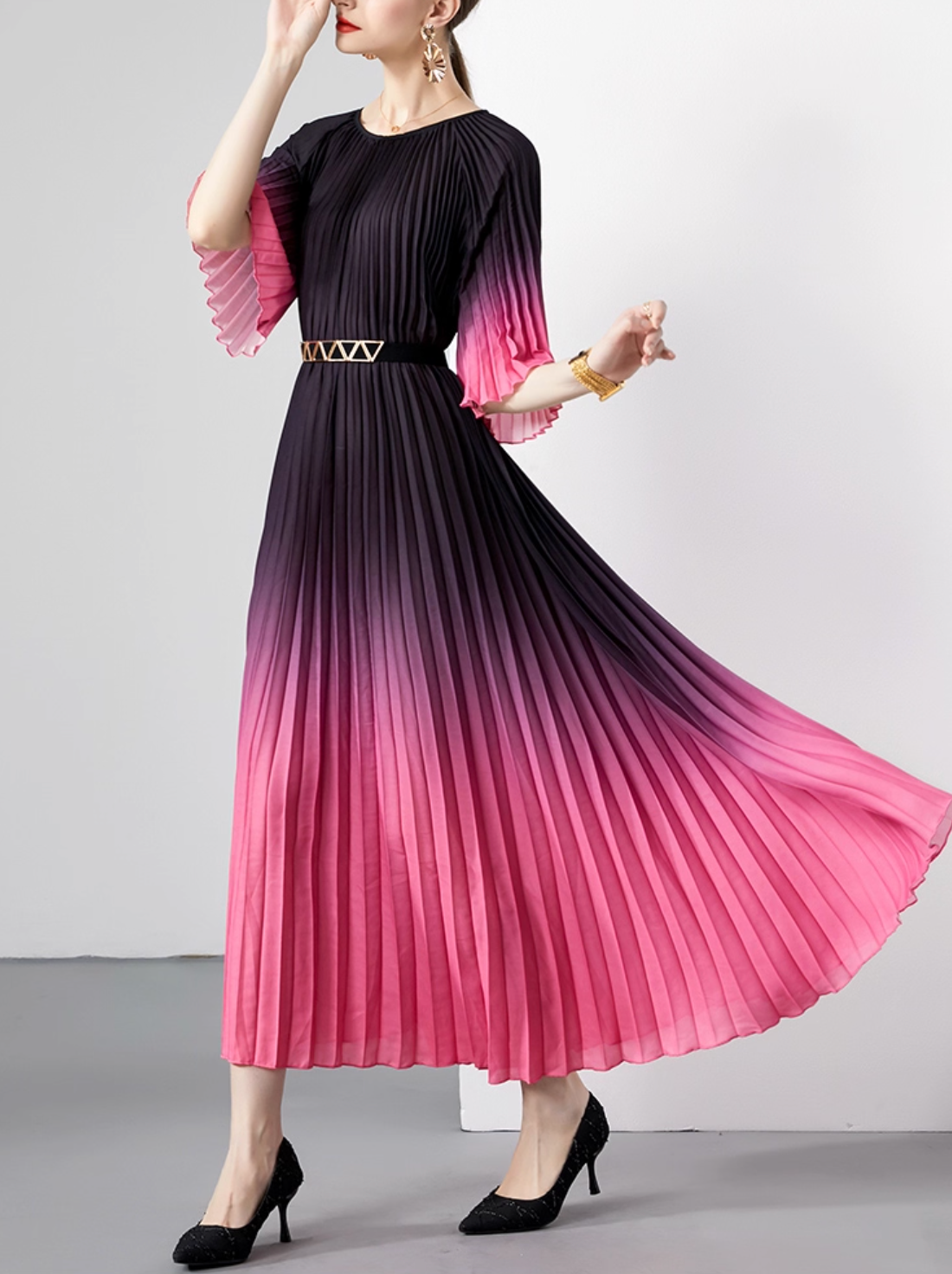 pleated ombre midi dress with geometric belt – SIENNA