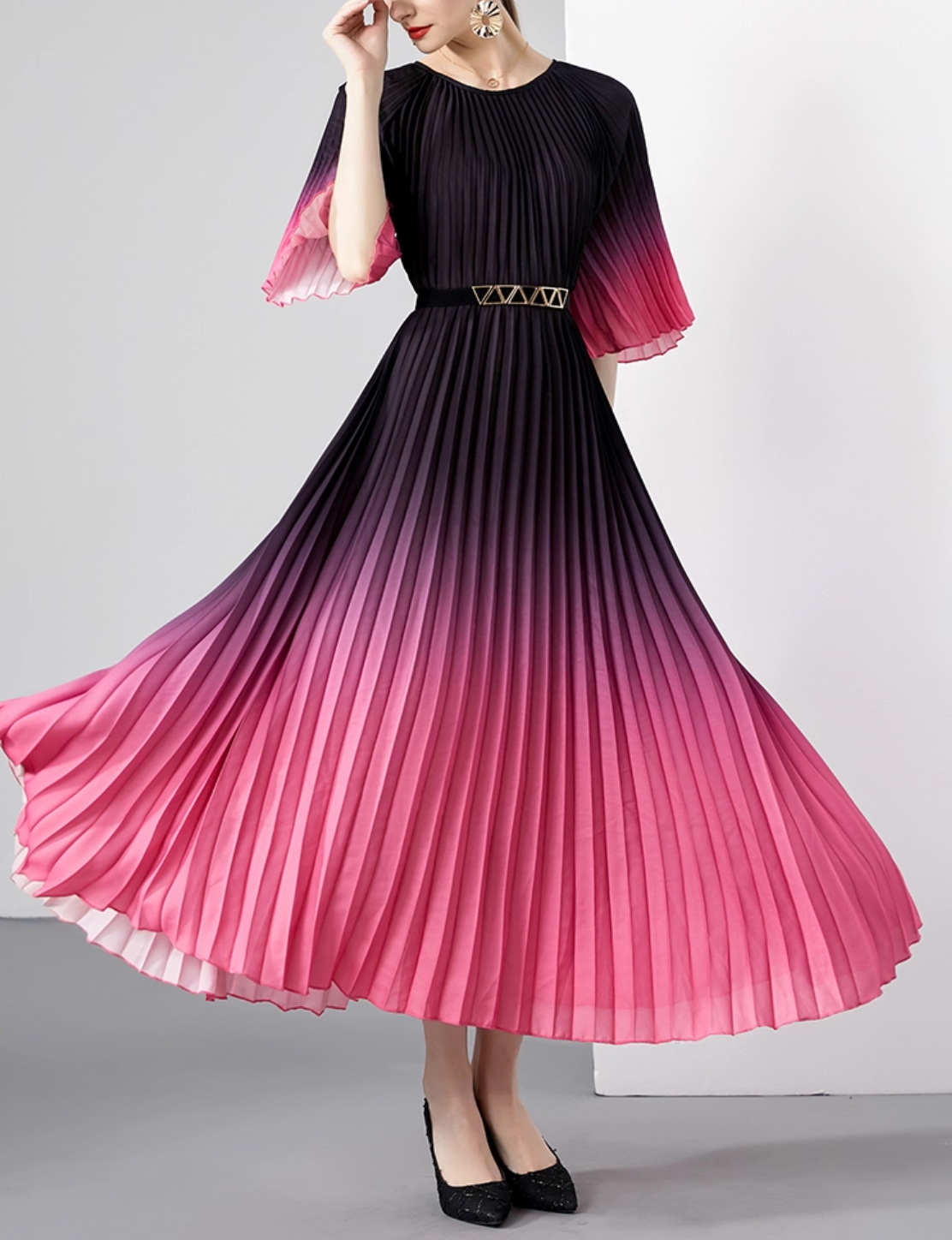 pleated ombre midi dress with geometric belt – SIENNA